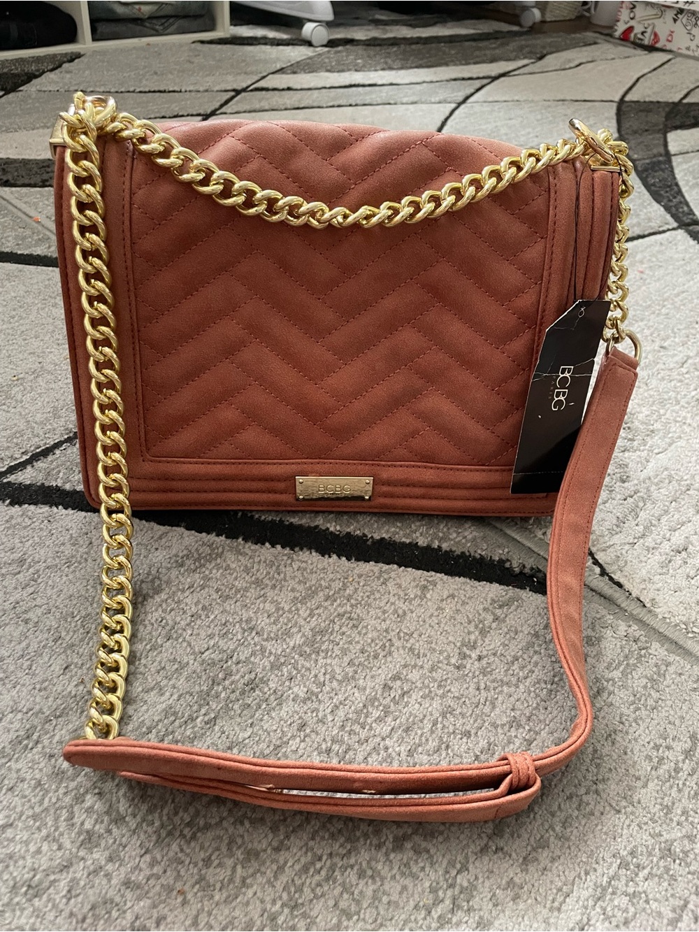 BCBG Quilted Chain Crossbody in Rust with Gold Hardware